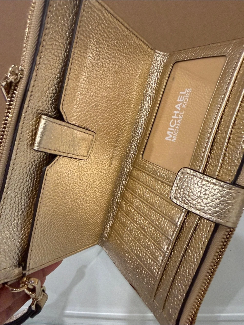 Michael Kors Metallic Gold Leather Wristlet Clutch new with tag women